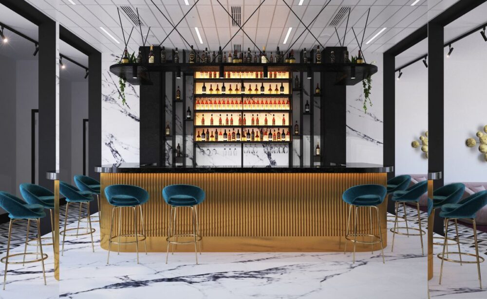 Modern luxury bar counter with stylish seating designed by a top bar counter manufacturer in Delhi India.