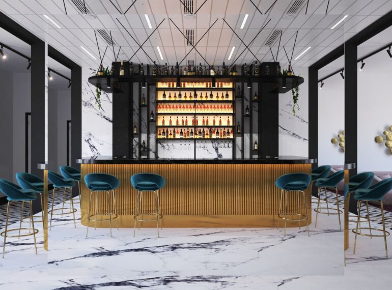 Modern luxury bar counter with stylish seating designed by a top bar counter manufacturer in Delhi India.