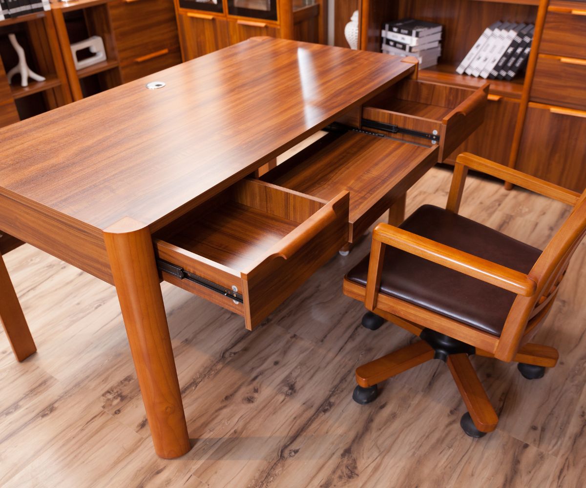 Elegant wooden office desk and chair set by Get Furniture, featured in top designer furniture stores in India.