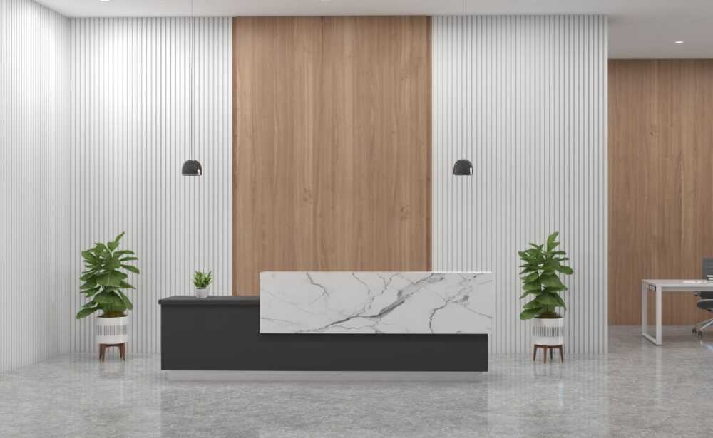 Modern reception desk design by Get Furniture as leading Reception Desk Manufacturer in Delhi.