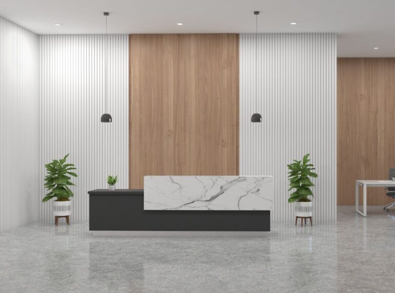 Modern reception desk design by Get Furniture as leading Reception Desk Manufacturer in Delhi.